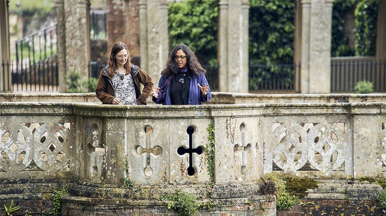 Heather and Omniya on the bridge over the dry moat at Blickling Estate 2024